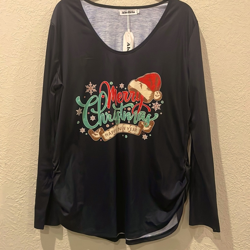 NWT Abollria Merry Christmas Long Sleeve Black Top Size 2XL